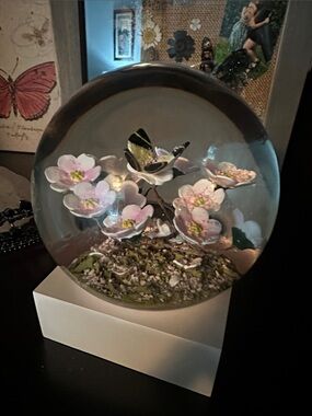 Glass Floral snow globe with Pink Flowers and Butterfly